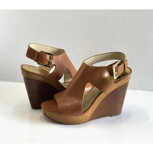 Michael Kors Josephine Wedge Platform Women's 8M Cognac Leather Open Toe Sandals